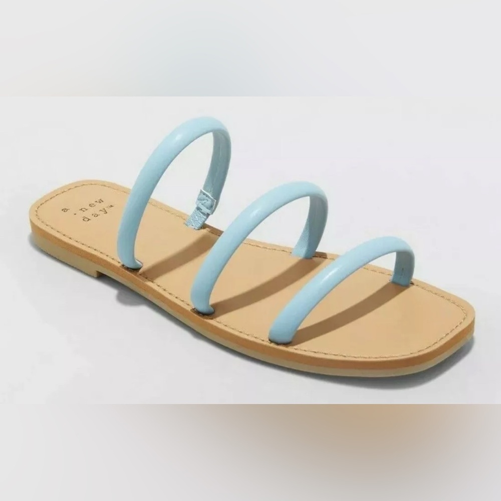 🔵A NEW DAY “Worn Ince” Light Blue and Tan Strappy Slide Sandals